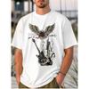 European Sizes Men's White T - Shirt: Rock & Roll Guitar and Eagle Design
