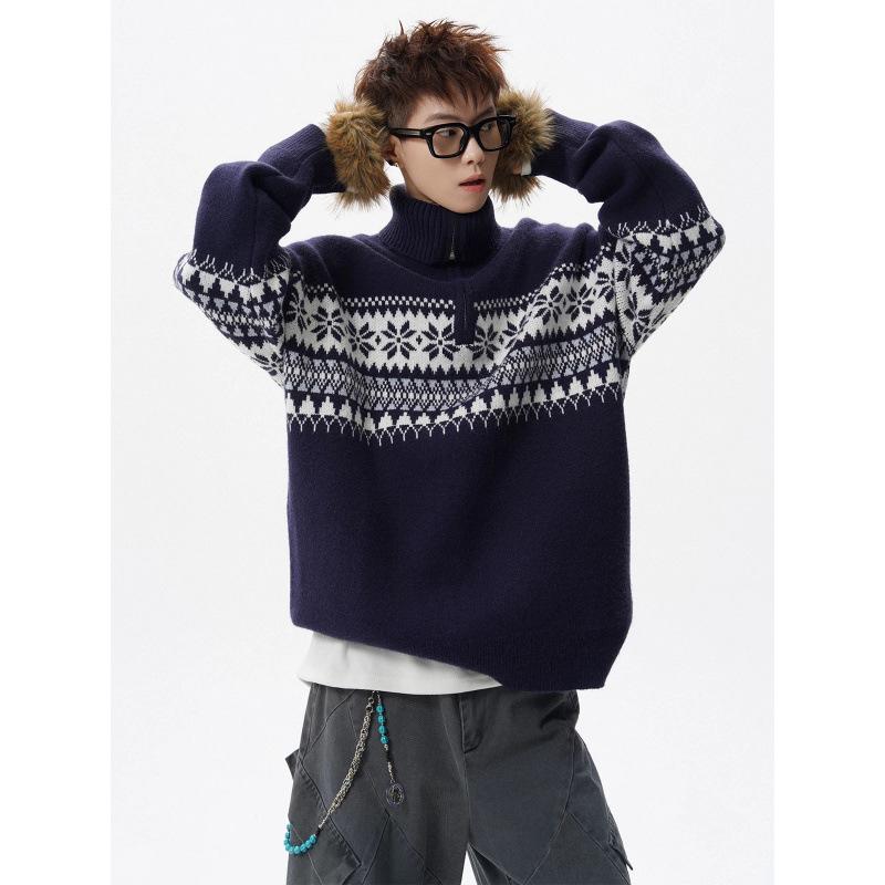 Pull Cardigan Homme Jacquard Fair Isle Fermeture Éclair Demi-Zip Col Montant Noël