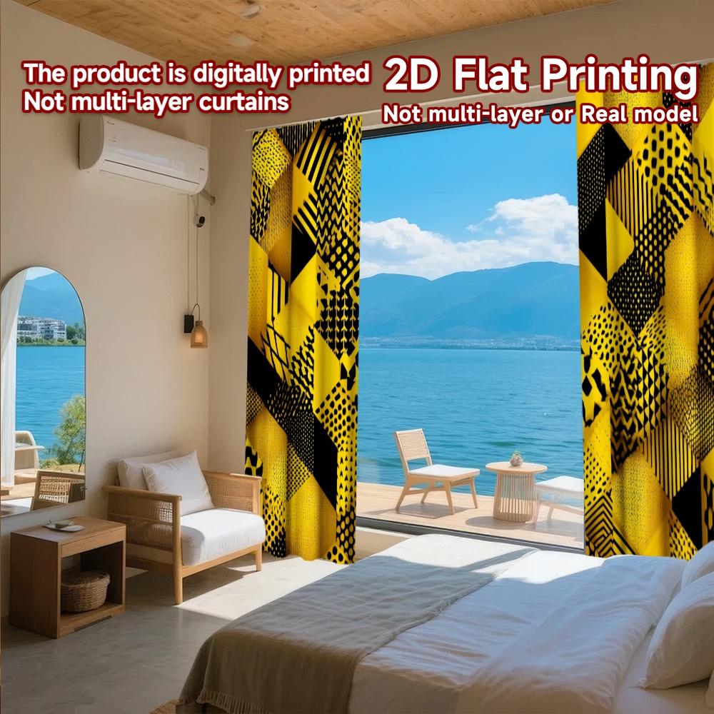 2D FLAT PRINTING 2pcs Curtains (Without Rod) Geometric Yellow Cubes Valentine is day Festival Creative Curtains Durable