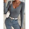 Womens V-Neck Long Sleeve Slim Fit Knit Top - Solid Color Cropped Sweater Layering Casual Chic Style