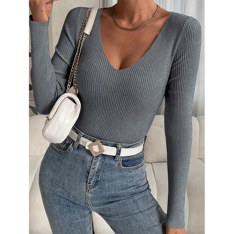 Womens V-Neck Long Sleeve Slim Fit Knit Top - Solid Color Cropped Sweater Layering Casual Chic Style