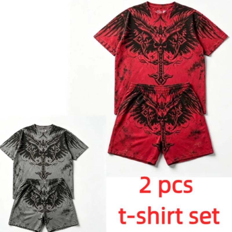 Summer Fashion Y2K Vintage Cross Skull Wings Graphic Printed Round Neck Short Sleeved T-Shirt And Shorts Set Men's and Women's T-shirt Shorts Set