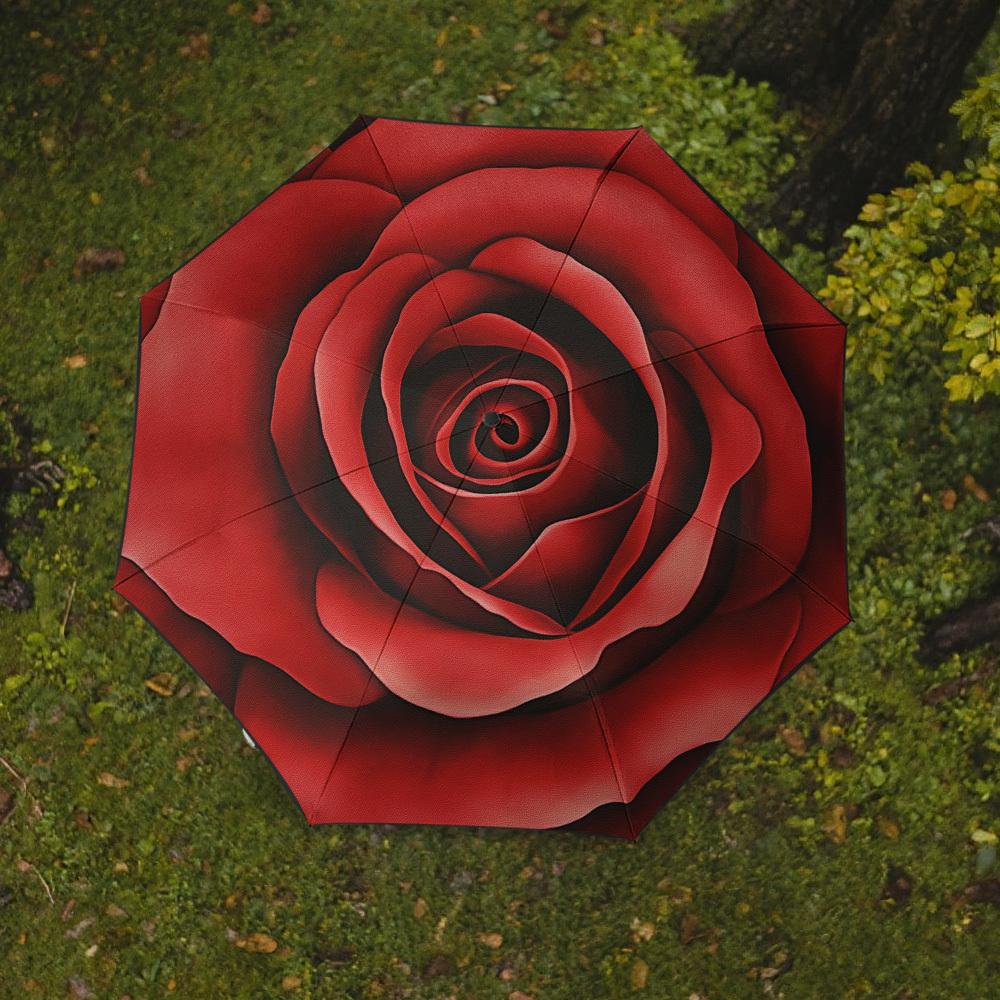 1pc Luxury Automatic Open/Close Folding Umbrella with Elegant Red Rose Spiral Print - Compact 8-Rib Parasol, Automatic Open/Cl