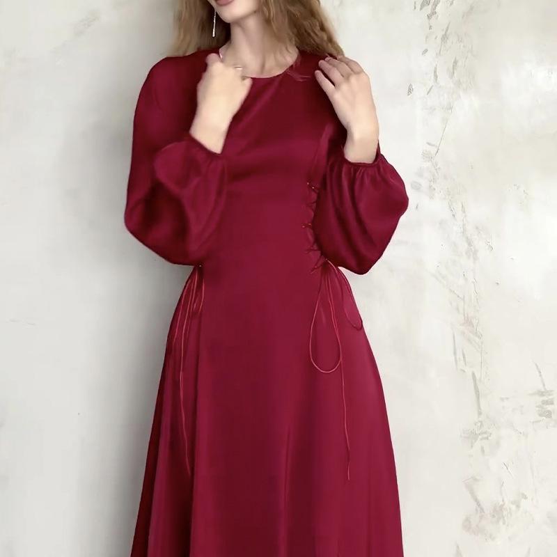 

Вінтажна Французька Шик Сукня Максі Зі Втачним Рукавом, Приталена, З Поясом 3XL глибокий/червоний