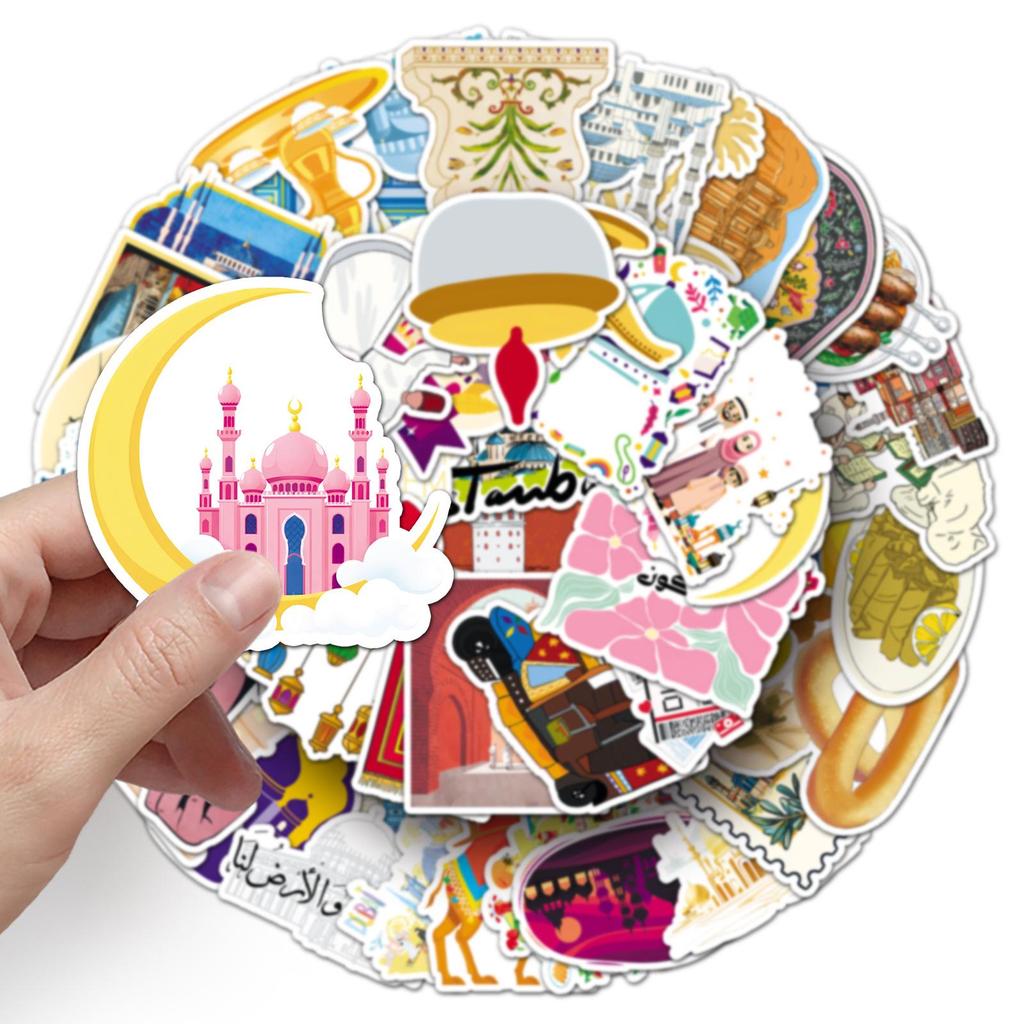 Waterproof Middle Eastern Building Scenery Sticker Set: 50 Exquisite Colorful Designs for Diary and Notebook Decoration