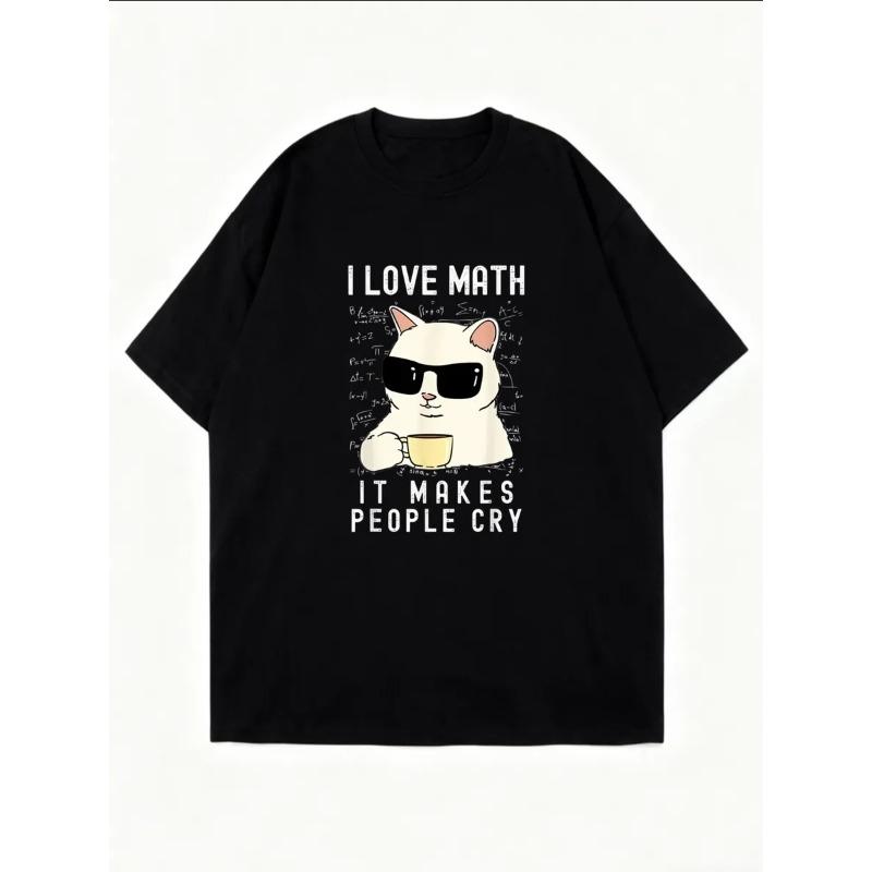 Oversize Women's Short-Sleeve T-Shirt with Sunglasses Cat, Math Formulas & "I LOVE MATH" Text Print