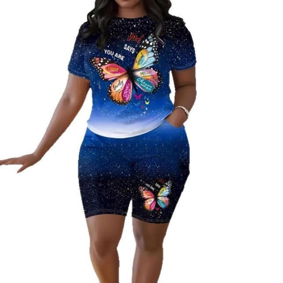 Fashion Casual Women's Shorts Short Sleeve Suit Gradient Letter Print Summer Suit T-shirt + Shorts 2 Pieces Sets