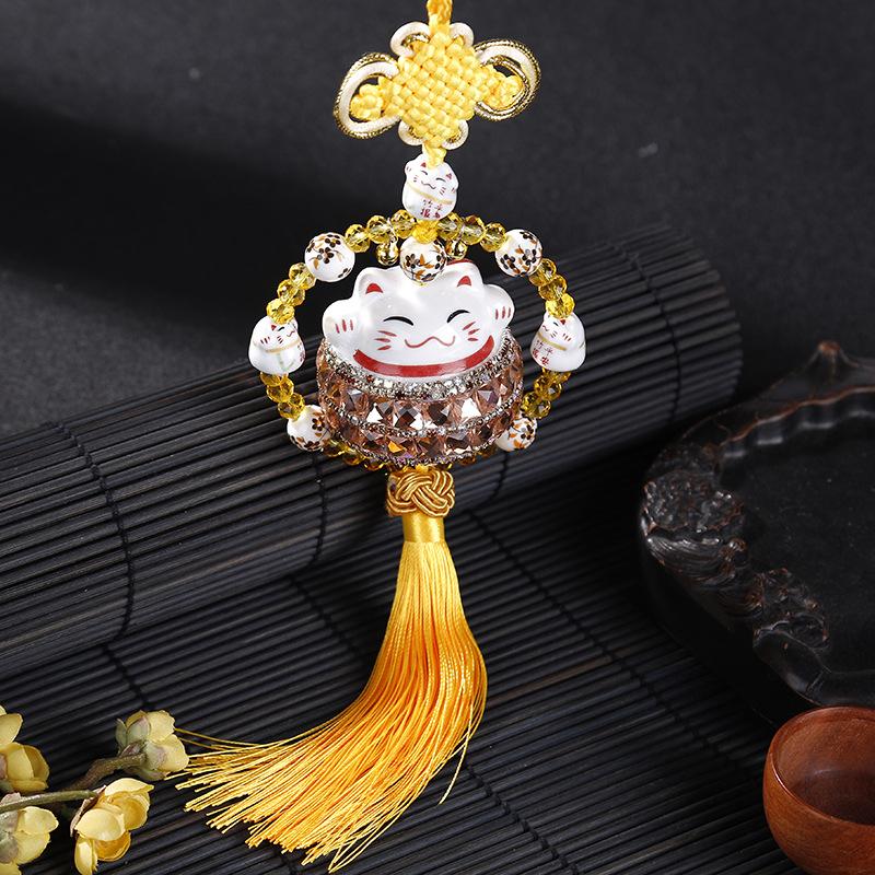 Diamond Studded Lucky Cat Car Pendant Crystal Ceramic Chinese Knot Car Rearview Mirror Suspension Decoration Car Accessories