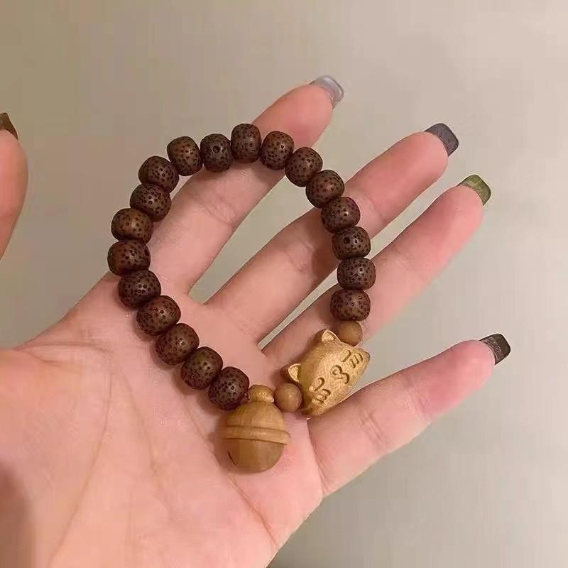 Wooden Cat Bell Bracelet Handmade New Oriental Fashion Trend Jewelry Womens