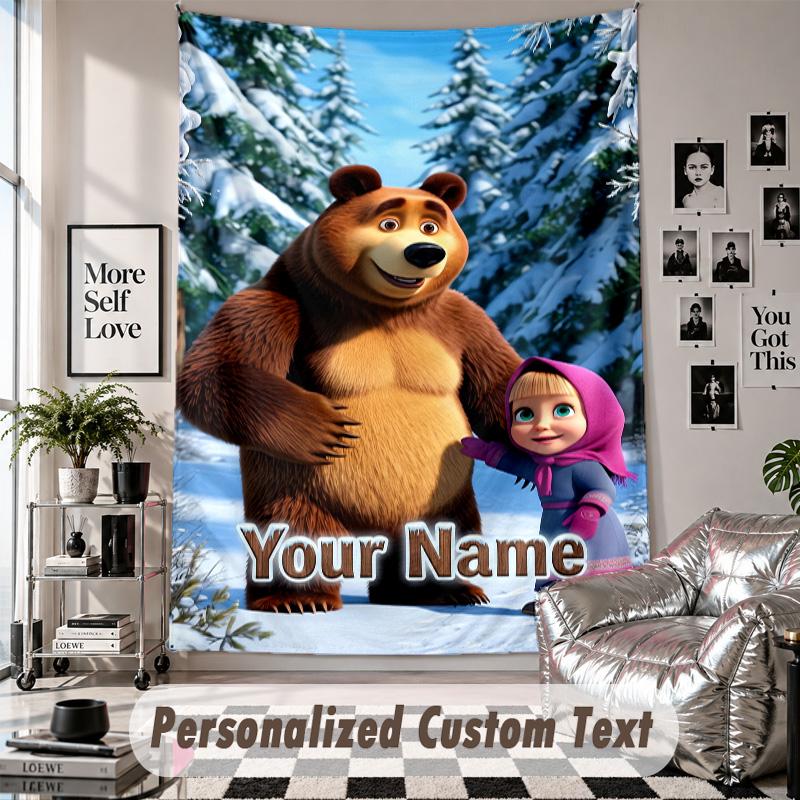 Wall Hanging Tapestry With Custom Name & Text, Masha and the Bear Decorative Tapestry For Bedroom