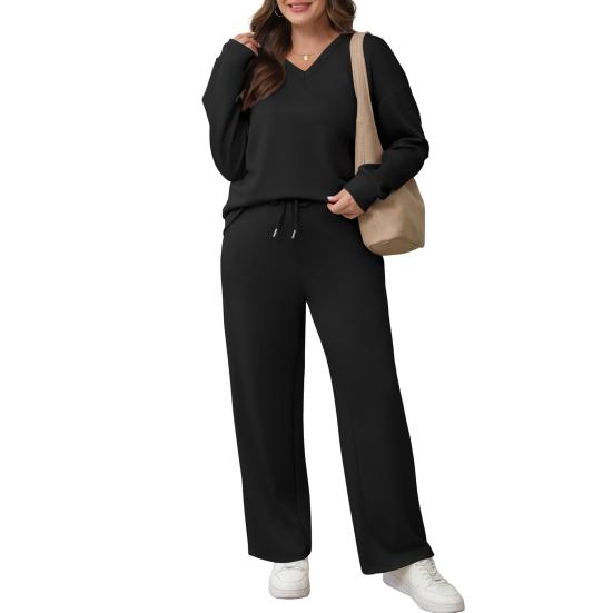 Tenues deux pièces pour femmes Décontractées Automne Tenues d'intérieur Sweatshirts Manches longues Col en V Pantalons larges Ensembles assortis