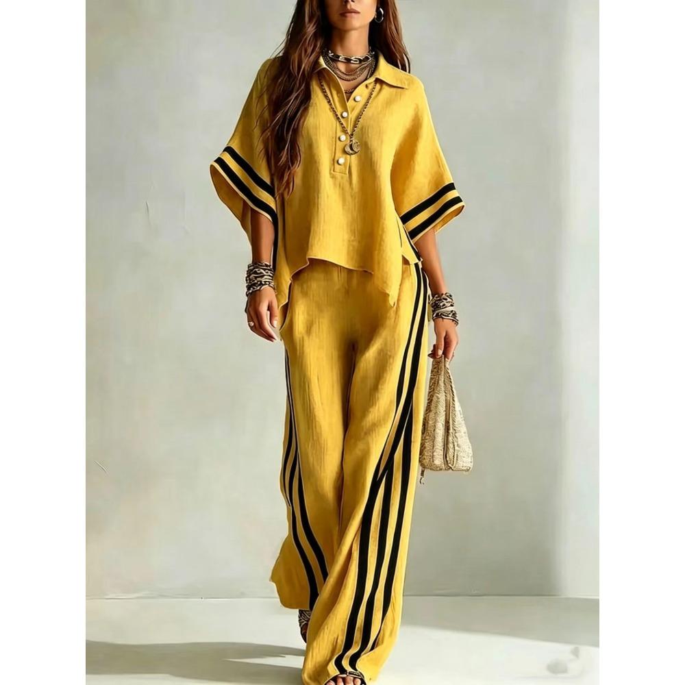 Women's Color Block Striped Dolman Sleeve Polo Shirt & Wide Leg Pants 2 Piece Set