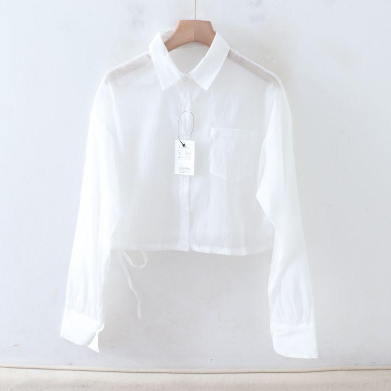 

A030106 Daily Single Spring/Summer New Arrival Single-Breasted Loose Drawstring at Hem Shoelace Women s Short Lightweight Long Sleeves Shirt White M