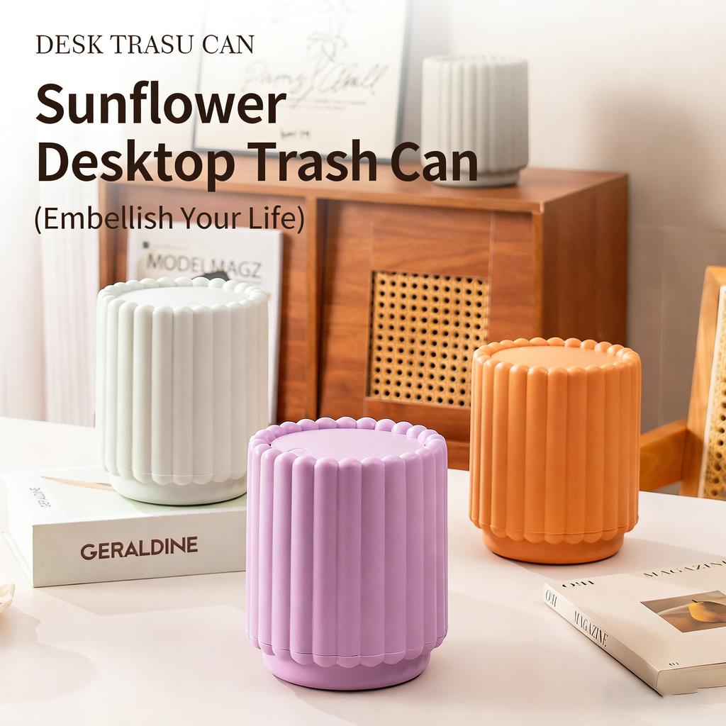 New 2026 Mini Desk Trash Can with Press Open Lid, Large Mouth Sunflower Design Household Waste Bin
