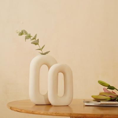 White Ceramic 'Polo Donut Vase' Set of 2 (9 & 8 Inches) | Decorative Donut Ring Vase for Dried Flowers and Pampas Grass | Vases for Home Decor