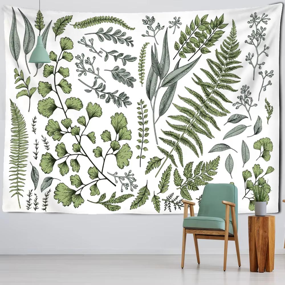 Boho Nature Landscape Floral Green Plants Tapestry Wall Hanging Fern Leaves Aesthetic Room Home Decor
