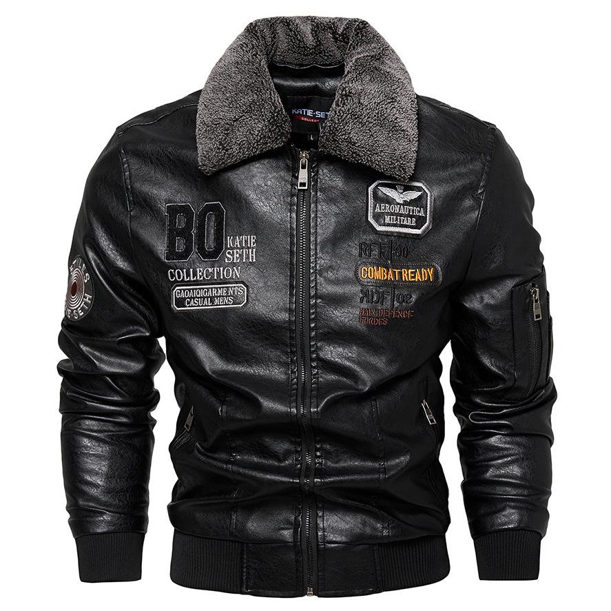 Men's Leather Jacket Men's Autumn and Winter Lapel Fleece Trend Large Size Locomotive