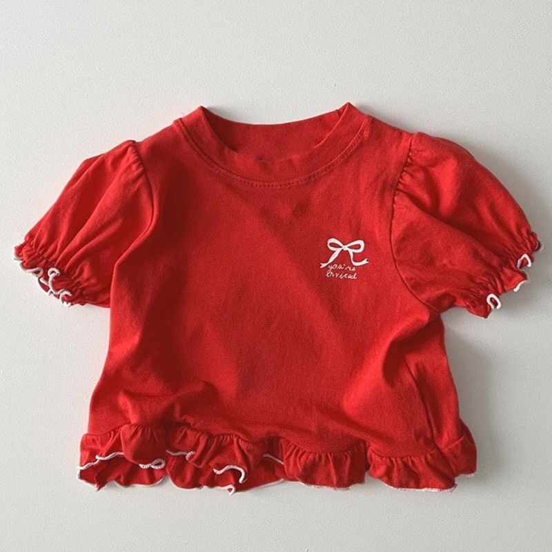 Girls Summer Cotton Puff Sleeve T Shirt Cute Ruffle Short Sleeve Top With Bow And Letter Print 90