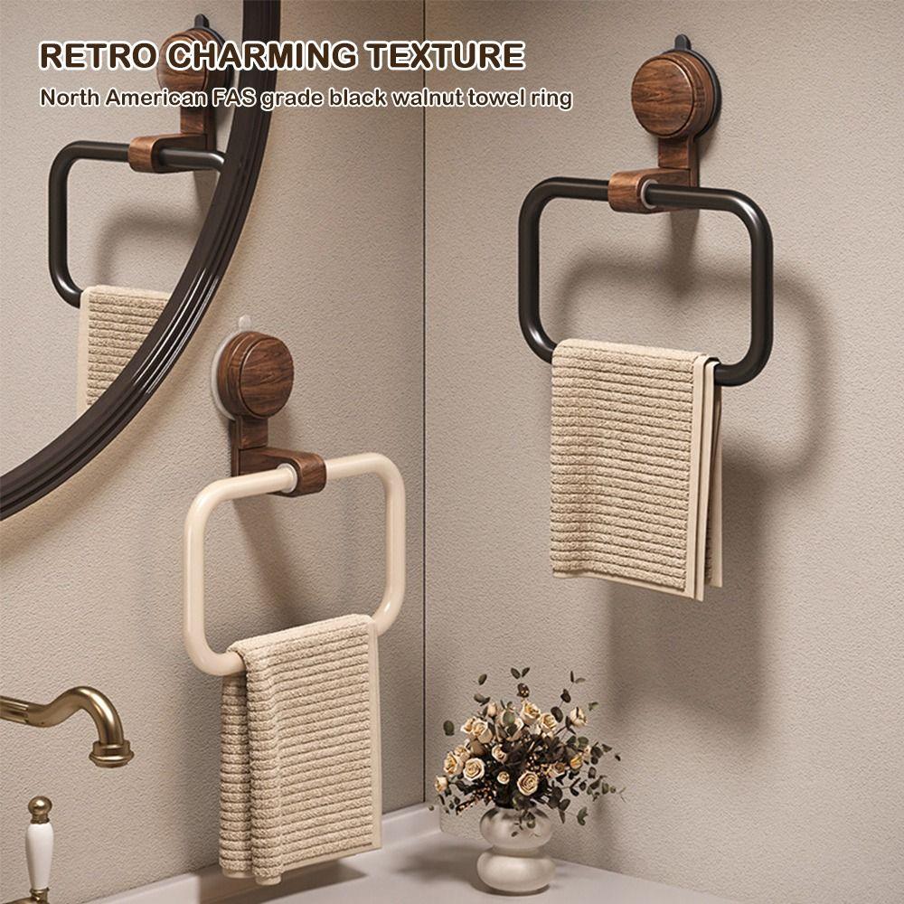 No-Drill Towel Holder Walnut Wood+Aluminium Towel Hanging Rack Suction Cup Towel Ring  Bathroom