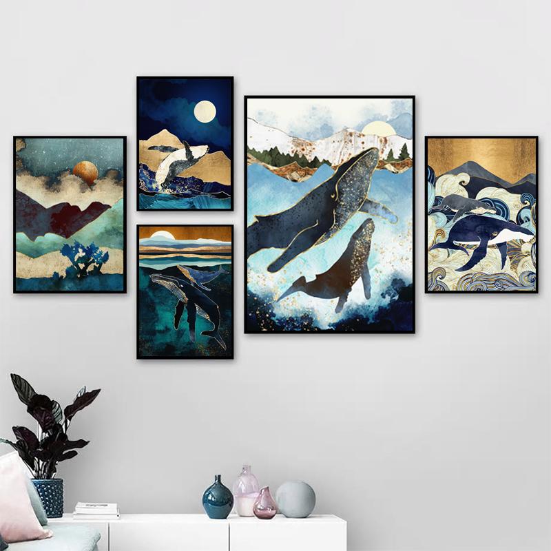 Mountain Sea Forest Whale Abstract Landscape Wall Art Canvas Painting Nordic Posters Prints Wall Pictures For Living Room Decor