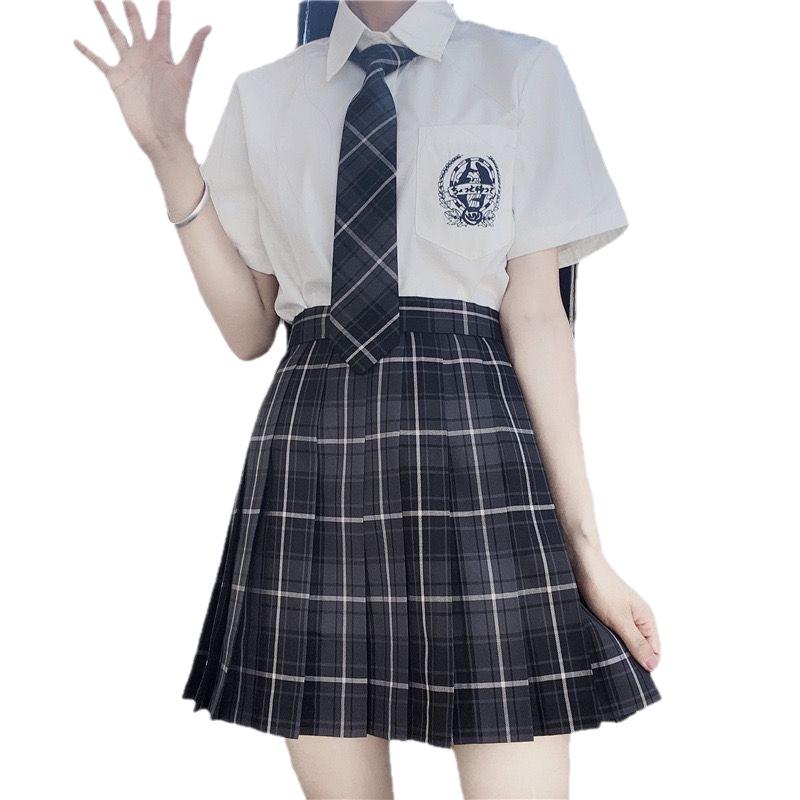 Japanese JK School Uniform Plaid Skirt Set - Women's Short Sleeve Pleated Skirt