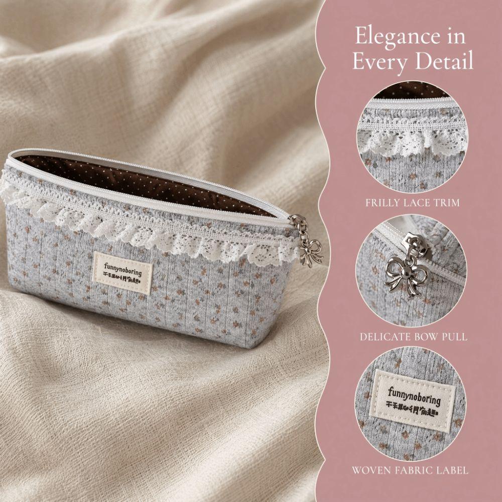 Multi Function Floral Pattern Pencil Case Lace Trim Large Capacity Pen Bag Grey Stationery Organizer School Office Supplies