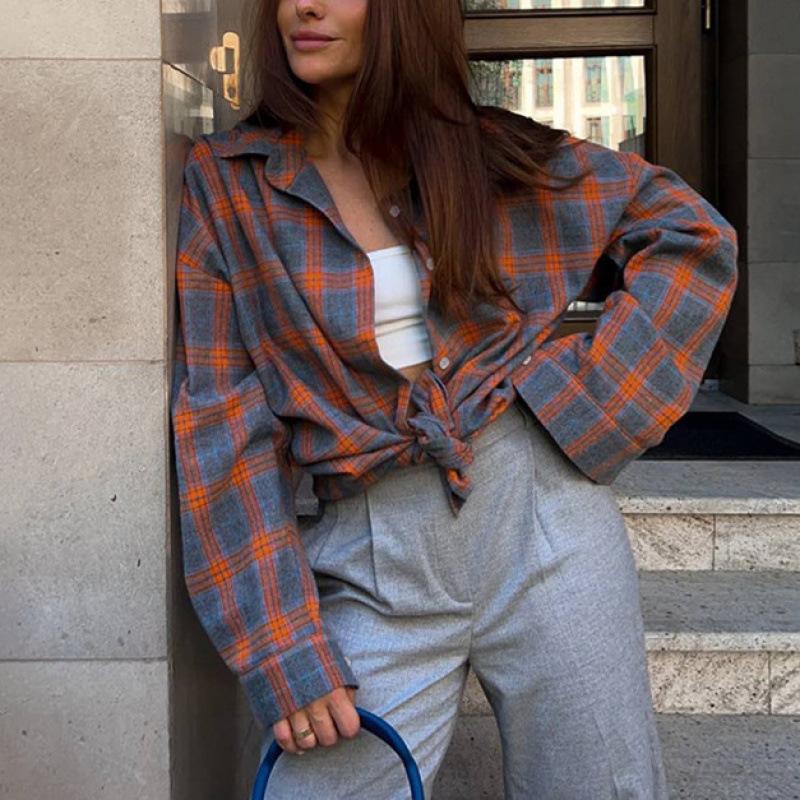 Autumn Plus Plaid Shirt Long Sleeved Lapel Button Loose Casual Shirt Blouses & Shirts