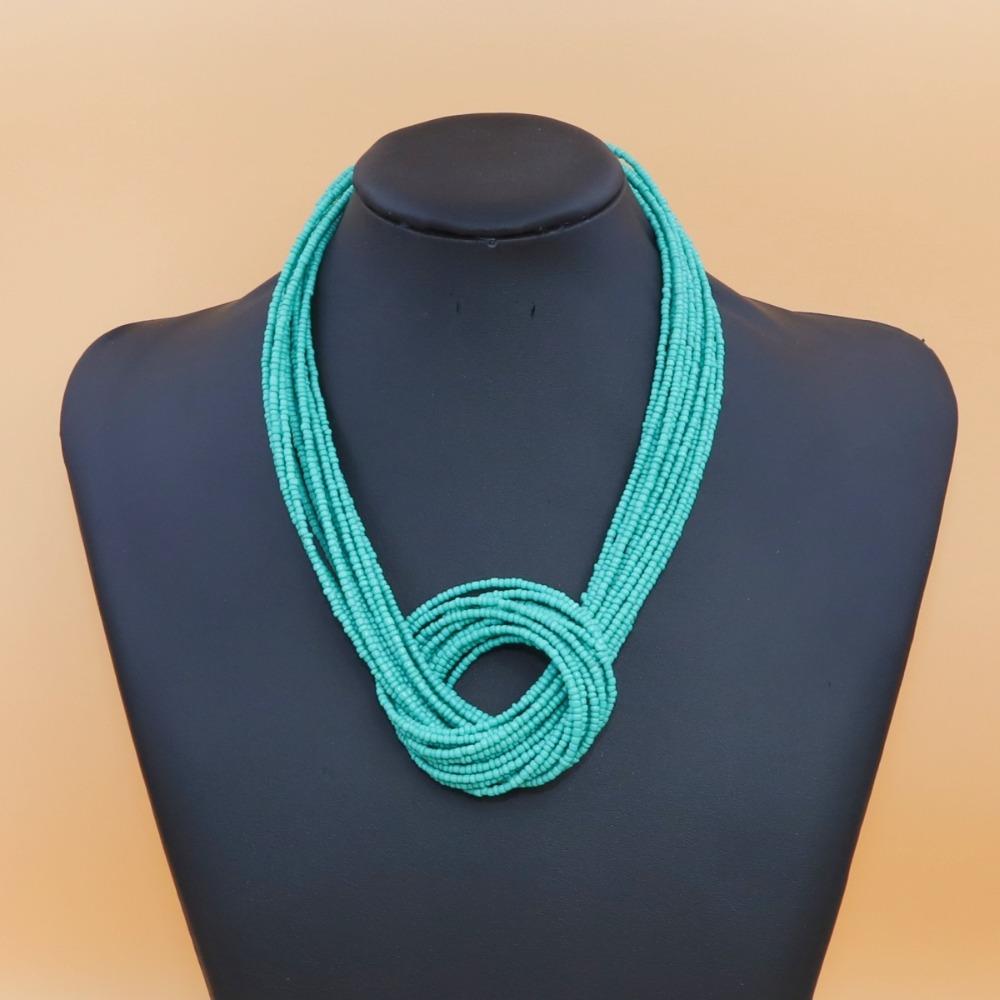 Adjustable Rice Bead Necklace Multi-layer Tie Knot Design Multi-layer Necklace Bohemia Style Hand-woven Sweater Chain зелёный