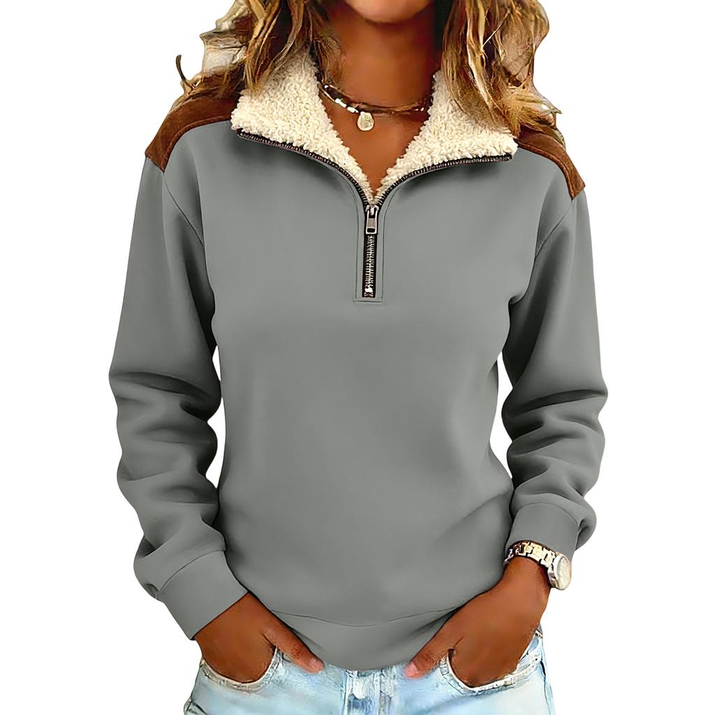 Dam Retro Axel Lapptäcke Krage Halvöppen Dragkedja Dam Huvtröja Topp