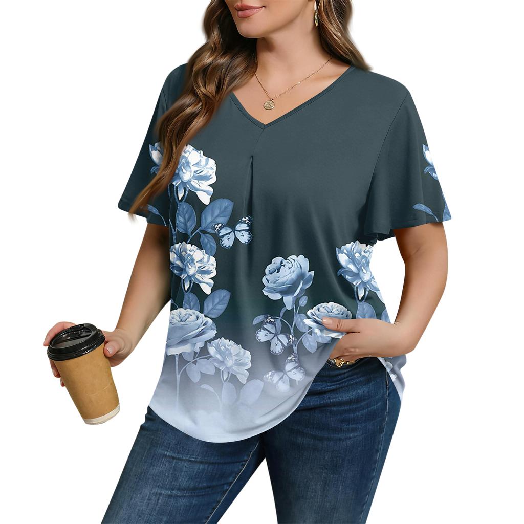 Blusa Casual de Moda para Mujer Talla Grande, de Corte Holgado, Manga Corta, Elegante Cuello en V, para el Trabajo