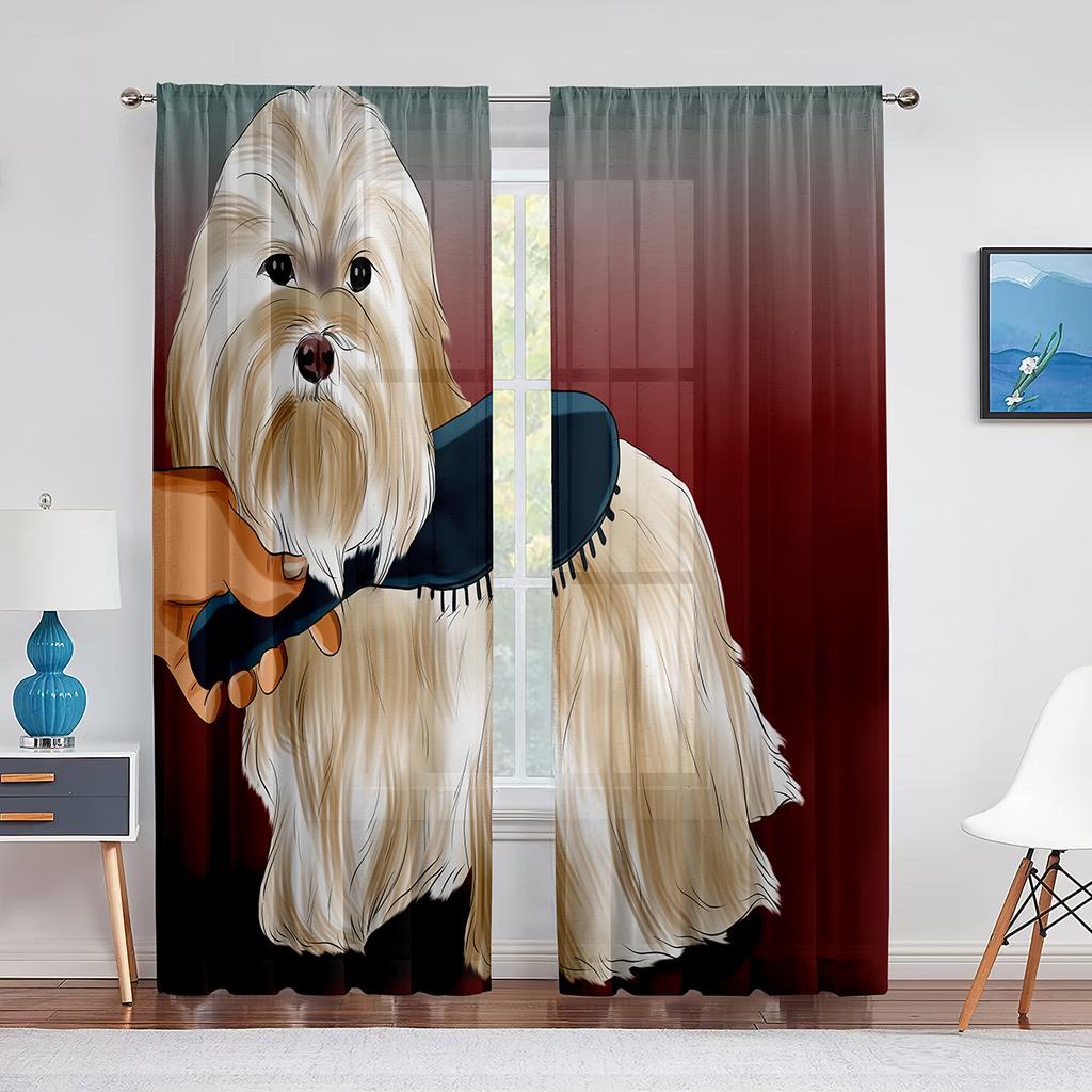Cute Dog Shih Tzu Puppy Pet Sheer Voiles Curtains for Living Room Bedroom Kitchen Tulle Window Curtain Home Balcony Decor Drapes