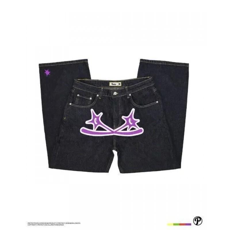 Mens Straight Fit Denim Jeans With Embroidered Hip Hop Print Mid-Rise Casual Streetwear Trousers Fall