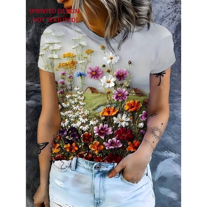 Women s floral print design casual and elegant crew neck top S