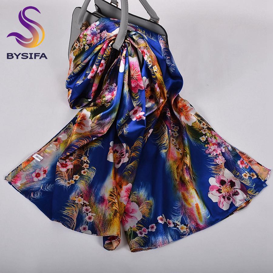 [BYSIFA] Fall New Silk Scarf Hijab Printed Elegant Green Plum Blossom Satin Long Scarves Shawls Winter Women Accessories Wraps