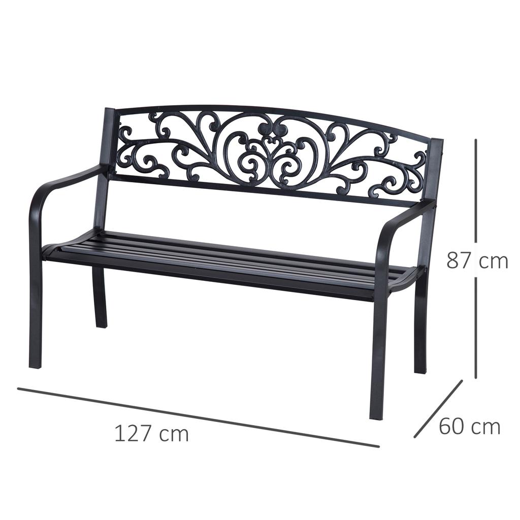 Garden/Patio Bench, Cast Iron Steel, 2 Seats, 127 x 60 x 87 cm, Max Load 240 kg, Black