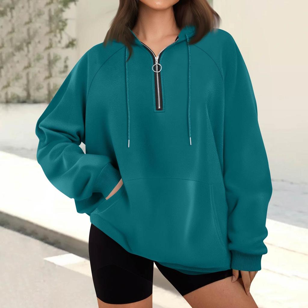 Women's Casual Fashion Long Sleeve Solid Color Zip Hooded Sweatshirt Top With Pocket