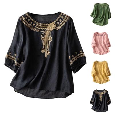 Einfarbiges kurzärmliges, besticktes, atmungsaktives Retro-T-Shirt aus Baumwolle und Leinen für Damen mit Rundhalsausschnitt