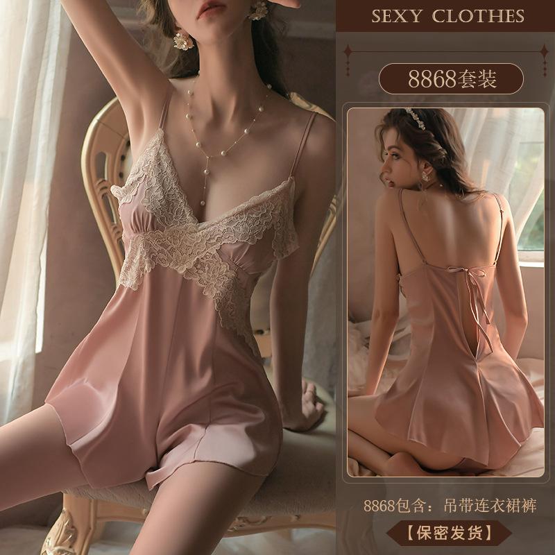 Original Sexy pajamas, Hot lace Seductive and romantic underwear, satin thin uniform, no need to take off nightgown 8868