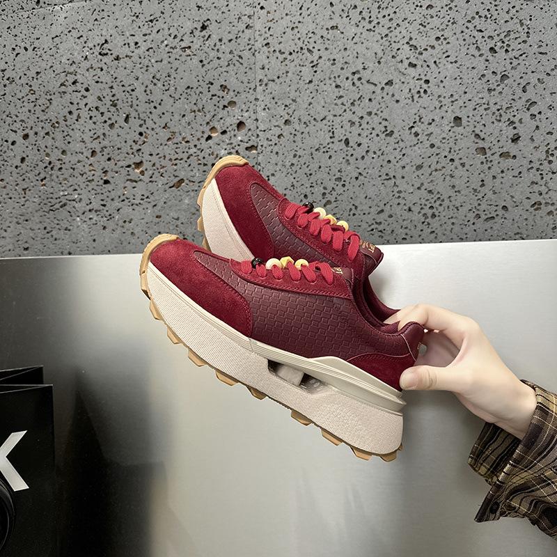 Autumn new leather round head thick sole heightening versatile sports shoes women's light casual shoes