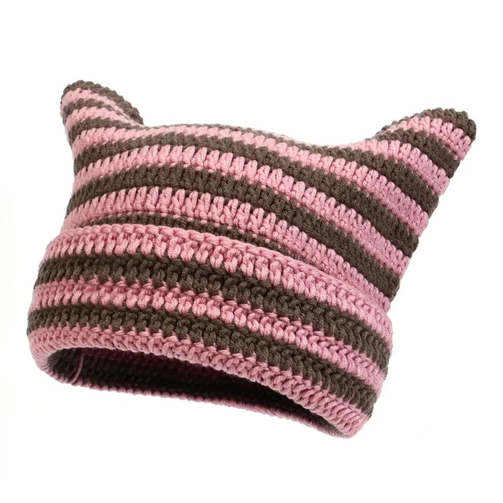 Nuovo Cappellino Streetwear Giapponese Harajuku Diavoletto a Strisce Cappello a Maglia Donna Ragazze Autunno Inverno Carino Cappellino con Orecchie da Gatto