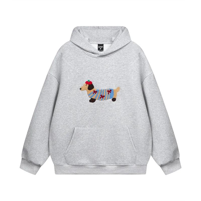 Puppy Print Spring and Autumn New Simple Fashion Harajuku Solid Color Loose Hoodie Street Trend Casual Sports Shirt  Regular Fit