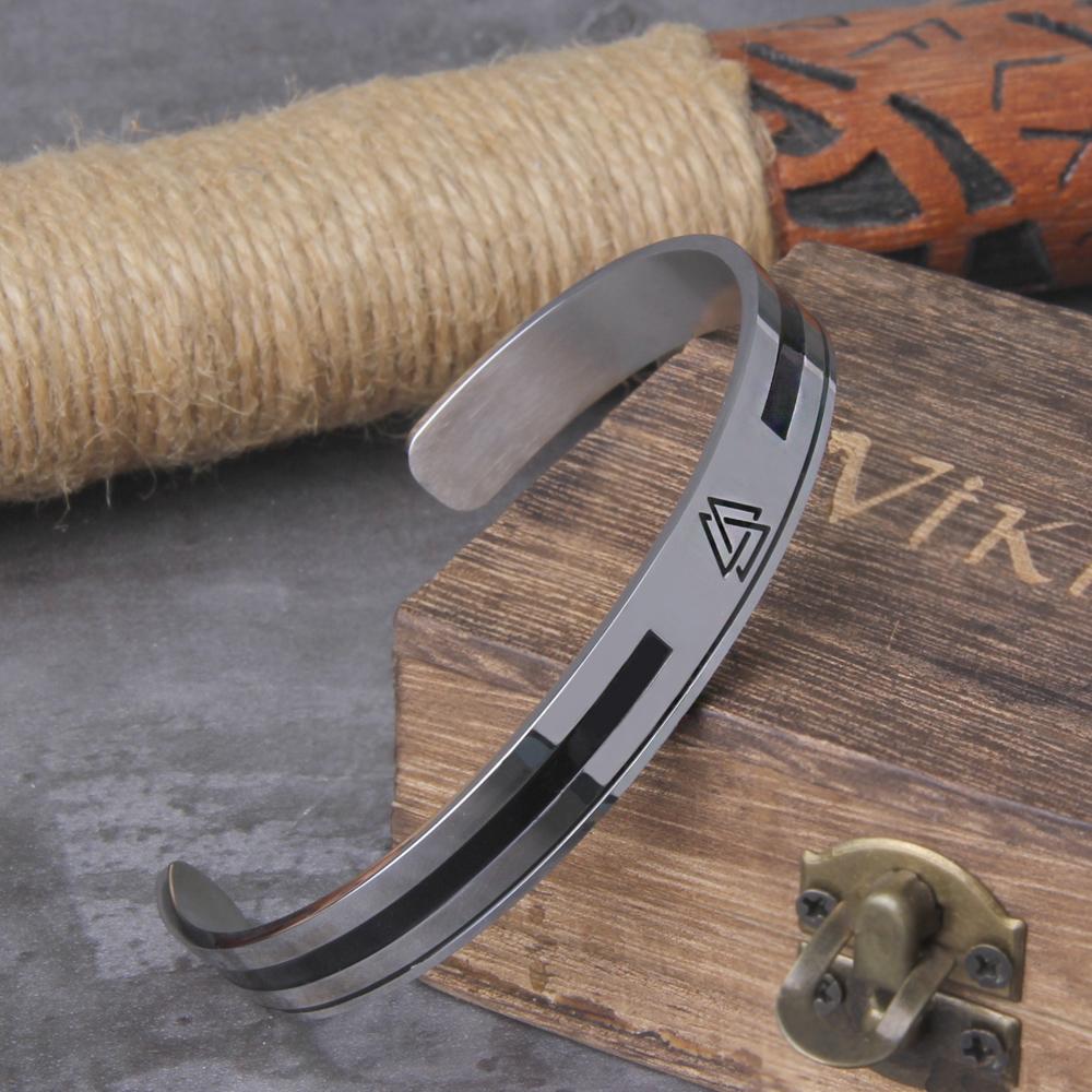 Handmade Stainless Steel Viking Valknut Bangle for Men Nordic Style Never Fade with Wooden Gift Box