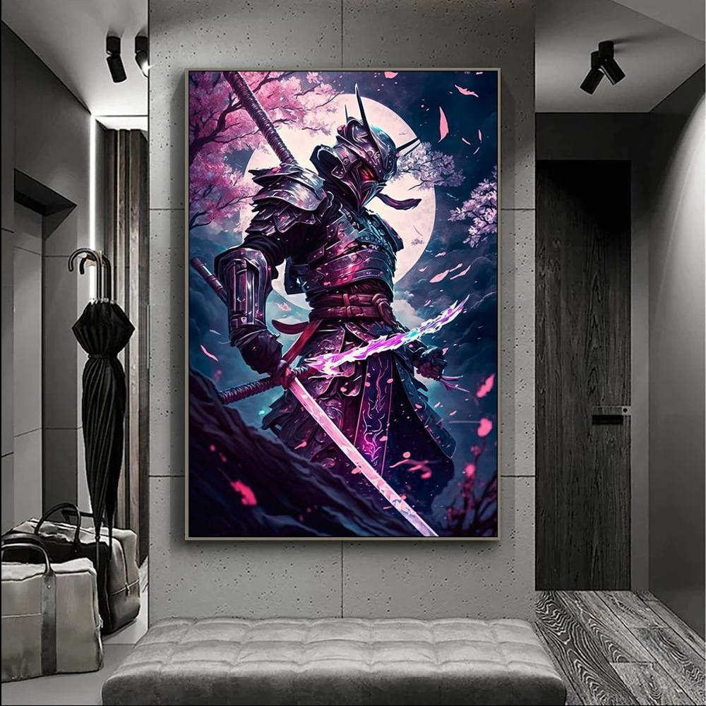 Japanese Anime Samurai Sakura Warrior Figures at Sunset Art Painting Wall Canvas Posters Prints for Room Home Decor Frameless