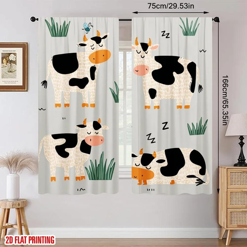 Set Of 2 Cartoonish Cow Pattern Curtains Polyester Kids Room Window Decor Farmhouse Blackout Made Playroom Treatment