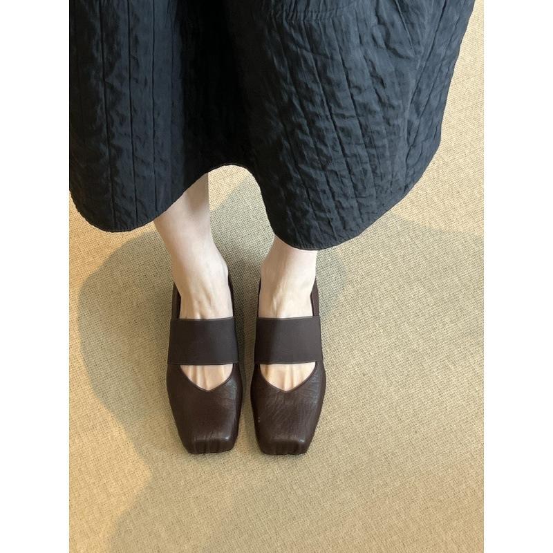 Sheepskin Version~ Leather Square Head Elastic Band Mary Jane Shoes Women's 2025 New Fashionable Versatile Shallow Mouth Flat-soled Single Shoes