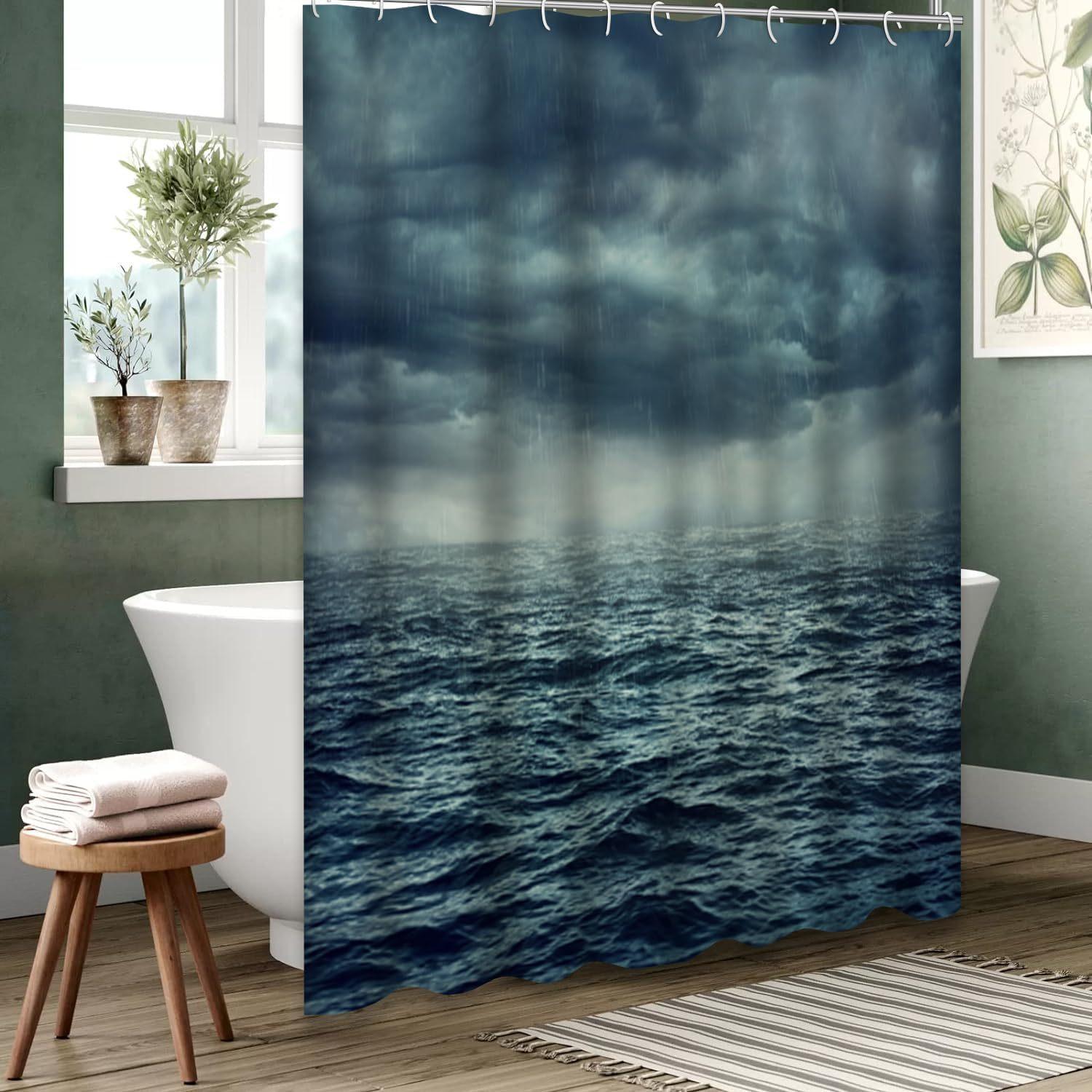 Dunika Chen Dark Stormy Ocean Bath Curtain - Dramatic Waves & Clouds, Waterproof Home Decor Adds Intense Atmosphere To Your Bathroom