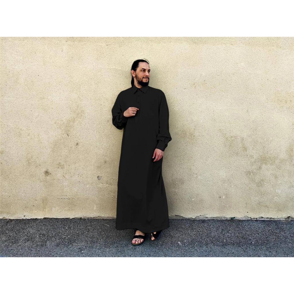 Herren einfarbig Langarm POLO-Kragen locker Leinen Muslimische Robe Kleidung Verkauf
