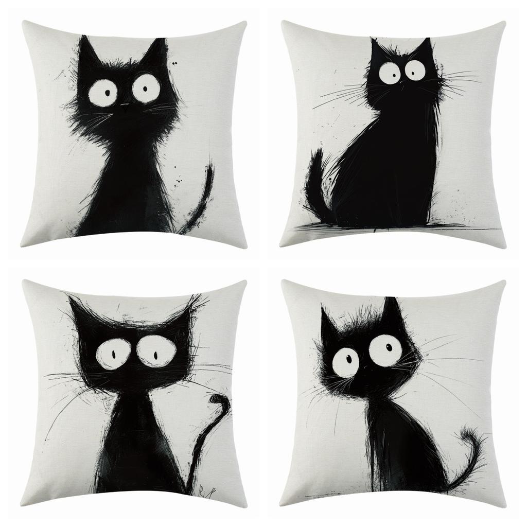 New Quirky Cat Linen Pillowcase, Simple Four-piece Set with Labels