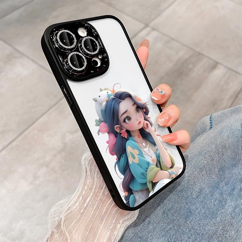 Blue-haired Girl Is Suitable for Apple 15 Mobile Phone Case 15Promax All-inclusive 14 with Flash Diamond Lens Film 13 Fairy Model.