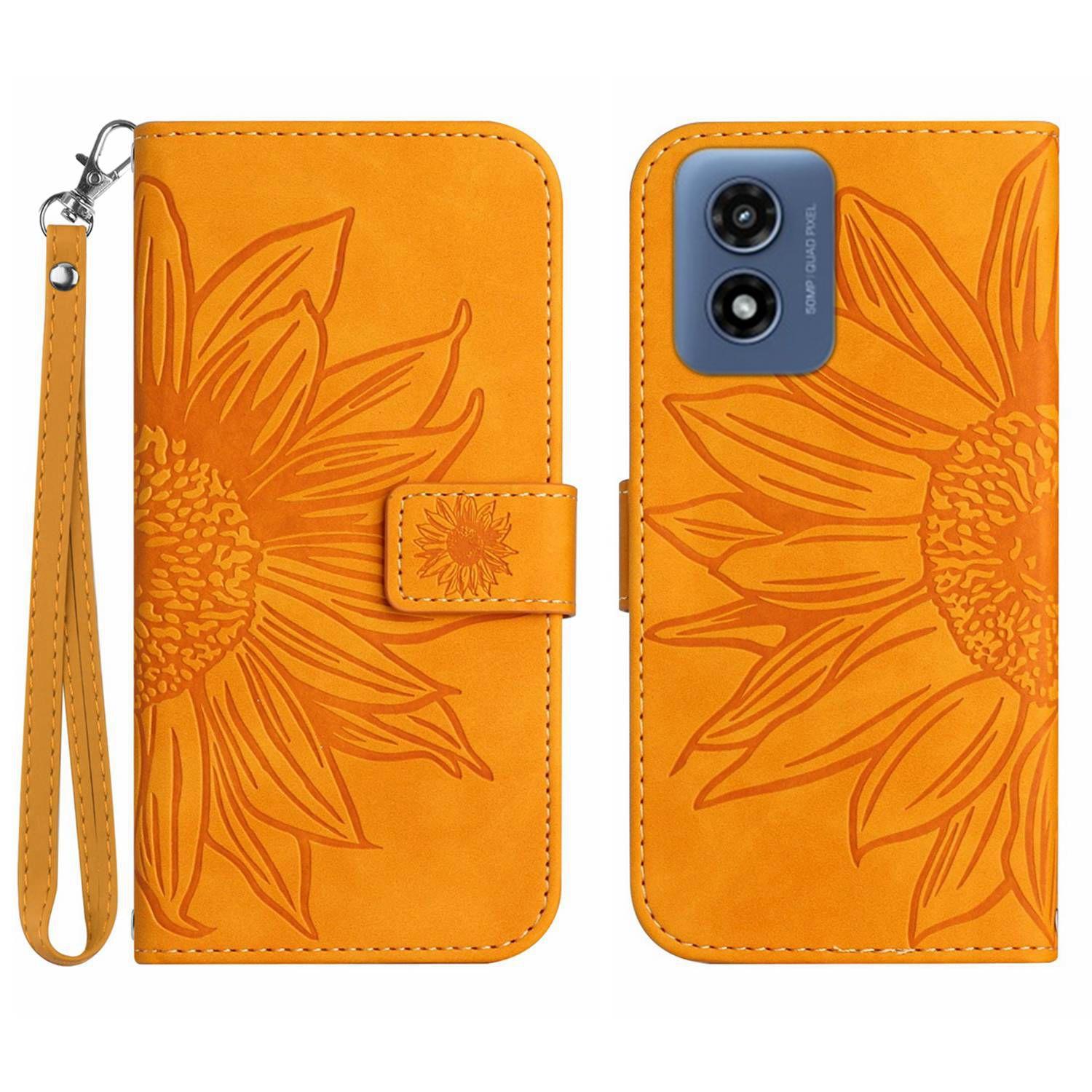 

HT04 For Motorola Moto E14 4G/G04 4G/G04s 4G/G24 4G Case Leather Sunflower Design Flip Wallet Phone Cover Yellow